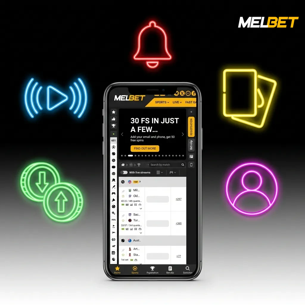 Melbet mobile app interface showing live betting, casino games, payment options, and features for Indian users